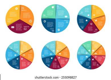 Vector circle infographics set. Template for cycle diagram, graph, presentation and round chart. Business concept with 3, 4, 5, 6, 7, 8 options, parts, steps or processes. Abstract background.