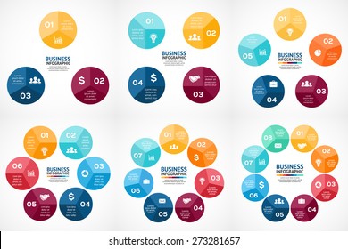 Vector circle infographics set. Template for cycle diagram, graph, presentation and round chart. Business concept with 3, 4, 5, 6, 7, 8 options, parts, steps or processes. Marketing data brochure