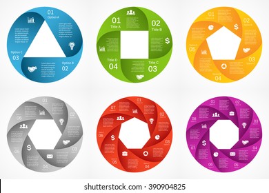 Vector circle infographics set. Template for diagram, graph, presentation and chart. Business info graphic concept with 3, 4, 5, 6, 7, 8 options, parts, steps or processes.Color geometric shapes.