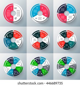 Vector circle infographics set. Template for cycle diagram, graph, presentation and round chart. Business concept with 2, 3, 4, 5, 6, 7, 8, 9 and 10 options, steps or processes. Data visualization.