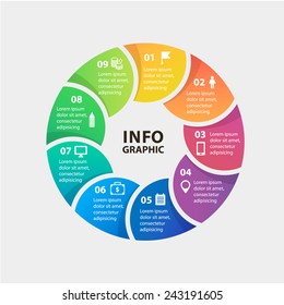 Vector circle infographics. Template for diagram, graph, presentation and chart. Business concept with 9 options, parts, steps or processes. Abstract background.