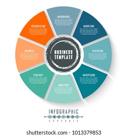 Vector circle infographics template for round chart, diagram, web design, presentation, workflow layout. Business concept with 8 options, parts, steps or processes