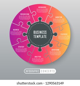 Vector circle infographics template for round chart, diagram, web design, presentation, workflow layout. Business concept with 8 options, parts, steps or processes