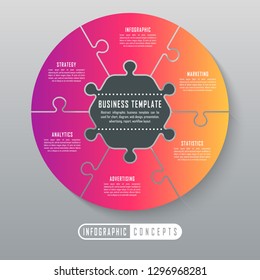 Vector circle infographics template for round chart, diagram, web design, presentation, workflow layout. Business concept with 6 options, parts, steps or processes
