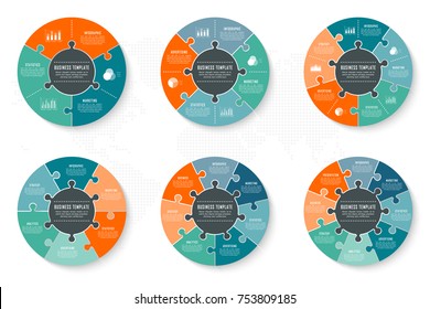 Vector circle infographics template for round chart, diagram, web design, presentation, workflow layout. Business concept with 3, 4, 5, 6, 7, 8 options, parts, steps or processes