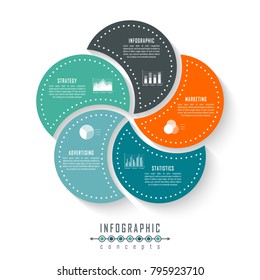 Vector circle infographics template for round chart, diagram, web design, presentation, workflow layout. Business concept with 5 options, parts, steps or processes