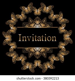 Vector circle invitation card with golden butterfly, border and pattern. Premium royal templates for web, printed media design, wedding or loved