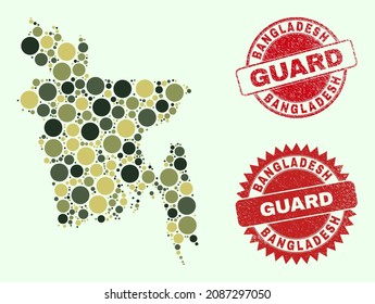 Vector circle items collage Bangladesh map in khaki colors, and unclean badges for guard and military services. Round red watermarks contain word GUARD inside.