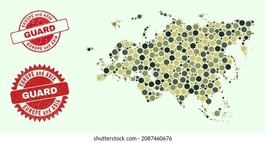 Vector circle items collage Europe and Asia map in khaki hues, and rubber seals for guard and military services. Round red stamp seals contain word GUARD inside.