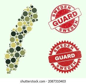 Vector circle items collage Sweden map in camouflage hues, and scratched stamps for guard and military services. Round red stamp seals include word GUARD inside.