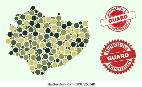 Vector circle items collage Swietokrzyskie Voivodeship map in khaki colors, and corroded stamps for guard and military services. Round red seals include word GUARD inside.