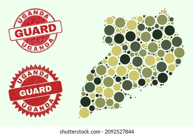 Vector circle items collage Uganda map in camo colors, and corroded watermarks for guard and military services. Round red watermarks include word GUARD inside.