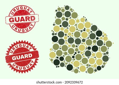 Vector circle items collage Uruguay map in khaki colors, and corroded stamp prints for guard and military services. Round red stamp seals contain word GUARD inside.