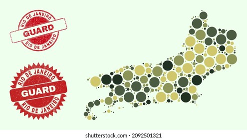 Vector circle items combination Rio de Janeiro State map in camo hues, and grunge badges for guard and military services. Round red seals have word GUARD inside.