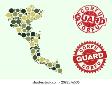 Vector circle items composition Corfu Island map in khaki colors, and unclean stamps for guard and military services. Round red seals include phrase GUARD inside.