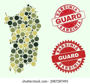 Vector circle items composition Sardinia map in camo hues, and dirty stamps for guard and military services. Round red watermarks have word GUARD inside.