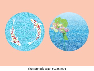 Vector circle koi and lotus flower for background.
