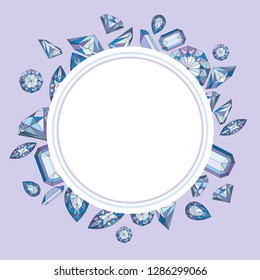 Vector circle label with diamonds and crystals colorful background with violet gem 