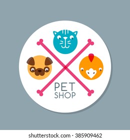 Vector circle label with pets. Flat illustration of dog, cat, canary and bone. Logo design template. Concept for pet shop, pets care and grooming, veterinary. 