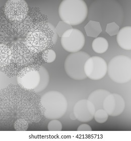 Vector Circle Lace Ornament, Round Ornamental Geometric Doily Pattern, Christmas Snowflake Decoration on Blurred Background