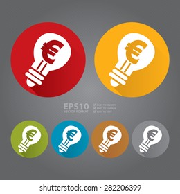 Vector : Circle Light Bulb With Euro Currency Flat Long Shadow Style Icon, Label, Sticker, Sign or Banner