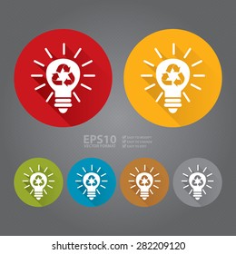 Vector : Circle Light Bulb With Recycle Flat Long Shadow Style Icon, Label, Sticker, Sign or Banner Isolated on White Background