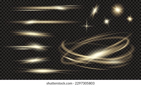 Vector circle light effect with sparkles and  horisontal les flares pack. Golden light flares and laser beams on dark background. Abstract sparkling lines and stars. 
