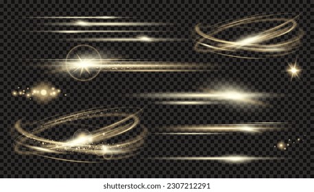 Vector circle light effect with sparkles and  horizontal les flares pack. Golden light flares and laser beams on dark background. Abstract sparkling lines and stars