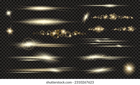 Vector circle light effect with sparkles and  horizontal les flares pack. Golden light flares and laser beams on dark background. Abstract sparkling lines and stars