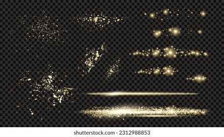 Vector circle light effect with sparkles and  horizontal les flares pack. Golden light flares and laser beams on dark background. Abstract sparkling lines and stars. 