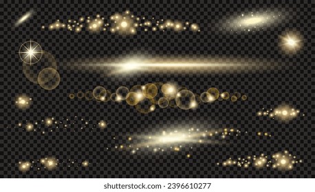 Vector circle light effect with sparkles and  horizontal les flares pack. Golden light flares and laser beams on dark background. Abstract sparkling lines and stars