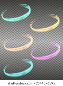 Vector Circle Light Line effect set. Fire trail on a transparent background. Neon swirl. Curve line iridescent Rainbow light Overlay effect. Abstract ring. Energy flow tunnel. Portal, platform.