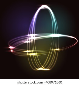 Vector circle light tracing effect. Glowing magic fire ring trace. Glitter sparkle swirl trail effect on black background. Round ellipse line with flying sparkling flash lights.
