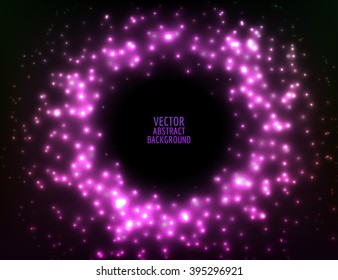 Vector circle lights. Many sparkle particles composition.  Shiny glowing circle with space for text.