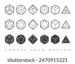 Vector circle line dice set. 20, 12, 10, 8, 6 and 4 sided. Board games. Isolated on white background.