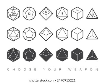 Vector circle line dice set. 20, 12, 10, 8, 6 and 4 sided. Board games. Isolated on white background.