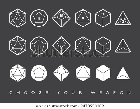 Vector circle line dice set. 20, 12, 10, 8, 6 and 4 sided. Board games. Isolated on black background.