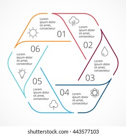 Vector circle linear arrows infographic, hexagon diagram, graph, flat minimal presentation, chart. Business cycle concept with 6 options, parts, steps, processes. Info graphic data template.