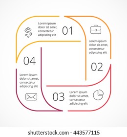 Vector circle linear arrows infographic, square diagram, graph, flat minimal presentation, chart. Business cycle concept with 4 options, parts, steps, processes. Info graphic data template.
