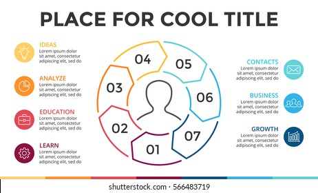 Vector circle linear arrows infographic, cycle diagram, graph, presentation pie chart. Business infographics concept with 7 options, parts, steps, processes. 16x9 slide template. White background