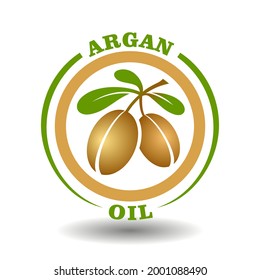 Vector circle logo Argan oil with green leaves icon and argania nuts symbol in round pictogram for organic cosmetics and herbal medicine package labeling contain Moroccan oil ingredient