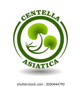 Vector circle logo Centella Asiatica with green leaves symbol in round pictogram for organic cosmetics sign, natural food labeling tags and aurveda herbal medicine products packaging contain Gotu Cola