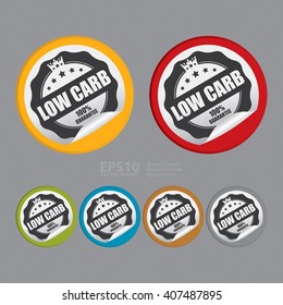 Vector : Circle Low Carb 100% Guarantee Product Label, Campaign Promotion Infographics Flat Icon, Peeling Sticker, Sign 