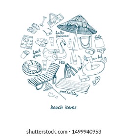 Vector circle made from beach items Hand drawn 
beachwear, accessories and equipmen. Round sketch poster.