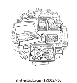 Vector circle made from container, fast food, tea, salad, main course, dessert, cutlery, napkins. Sketch vector lunch box. Line poster. 