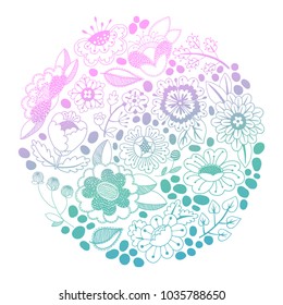 Vector circle made of flowers. Circle decoration. Illustration made of flowers and herbs. Spring elements. Floral doodles wreath. Vector illustration for your design.