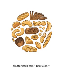 Vector circle made from hand drawn colored bakery elements illustration