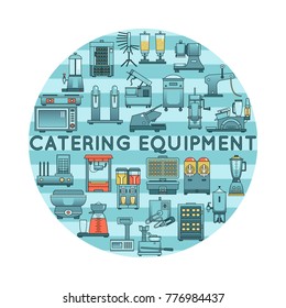 Vector circle made from kitchen appliance icon. Round banner with catering equipment (blender, juice cooler, popcorn machine, waffle iron, mixer for milkshakes, grill, cotton candy machine.