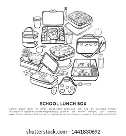 Vector circle made from thermos, handbag, a cup of tea, thermo bag, container with food, fork, spoon, school lunch box, apple, pear, sweets, bottle juice. Line poster. Sketch objects and food.