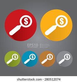Vector : Circle Magnifying Glass With Dollar Sign Flat Long Shadow Style Icon, Label, Sticker, Sign or Banner 